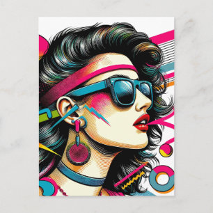 Vrouw draagt zonnebril kleurrijke popart briefkaart