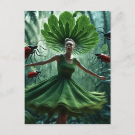 Vrouw draait rond in een jurk gemaakt van plant bu briefkaart