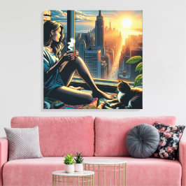 Vrouw Drink koffie bij zonsopgang in de stad Canvas Afdruk