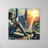 Vrouw Drink koffie bij zonsopgang in de stad Canvas Afdruk (Voorkant)