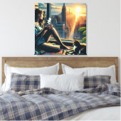 Vrouw Drink koffie bij zonsopgang in de stad Canvas Afdruk (Insitu (Slaapkamer))