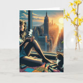 Vrouw Drink koffie bij zonsopgang in de stad Kaart (Gele Bloem)