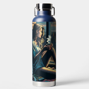 Vrouw Drink koffie bij zonsopgang in de stad Waterfles