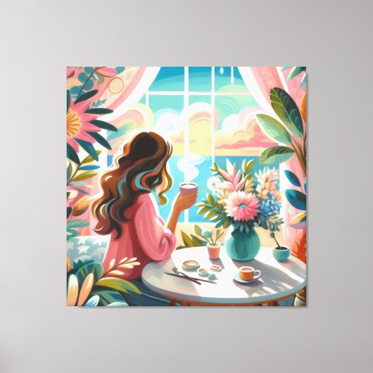 Vrouw drink koffie canvas afdruk (Voorkant)