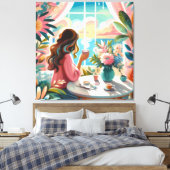 Vrouw drink koffie canvas afdruk (Insitu (Slaapkamer))