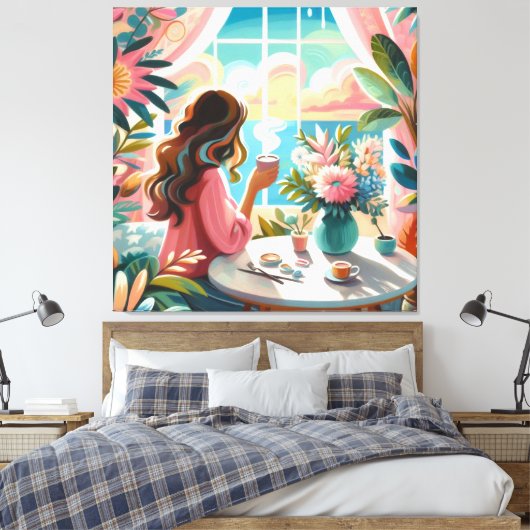 Vrouw drink koffie canvas afdruk (Insitu (Slaapkamer))