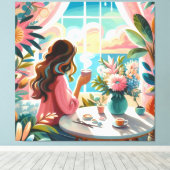 Vrouw drink koffie canvas afdruk (Insitu (Houten vloer))