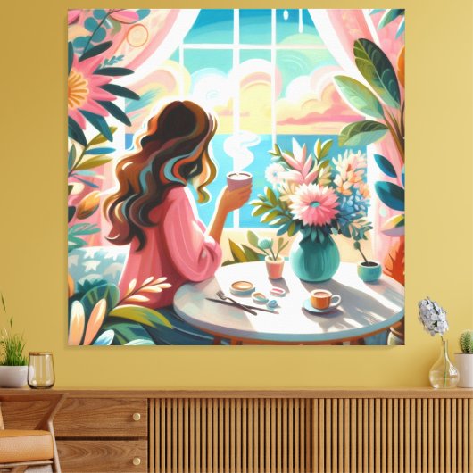 Vrouw drink koffie canvas afdruk (Insitu (Woonkamer))