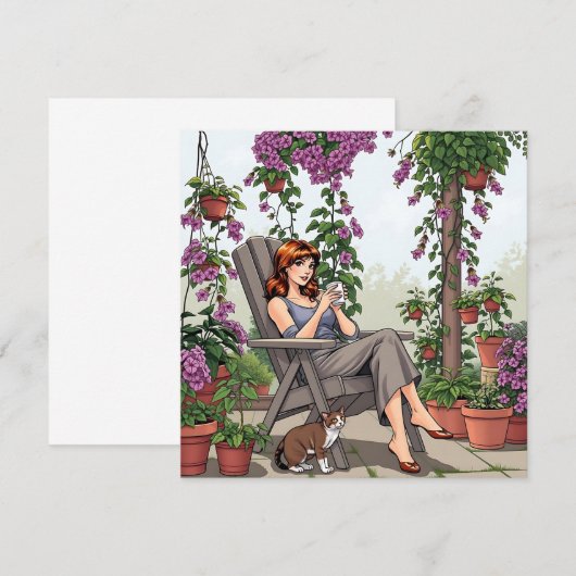  vrouw Drink koffie, haar hond en Planten (Voorkant / Achterkant)