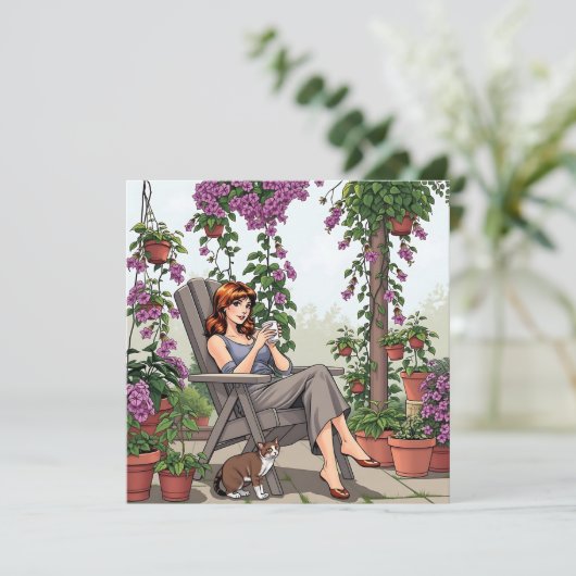  vrouw Drink koffie, haar hond en Planten (Staand voorkant)