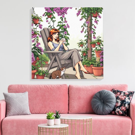 vrouw Drink koffie, haar hond en Planten Canvas Afdruk (Insitu (Woonkamer))