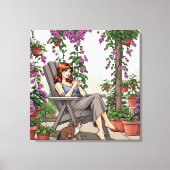vrouw Drink koffie, haar hond en Planten Canvas Afdruk (Voorkant)
