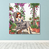 vrouw Drink koffie, haar hond en Planten Canvas Afdruk (Insitu (Houten vloer))