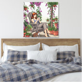 vrouw Drink koffie, haar hond en Planten Canvas Afdruk (Insitu (Slaapkamer))