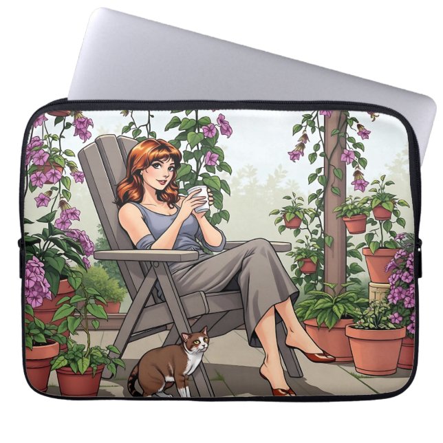  vrouw Drink koffie, haar hond en Planten Laptop Sleeve (Voorkant)