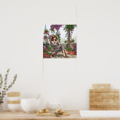 vrouw Drink koffie, haar hond en Planten Poster (Keuken)