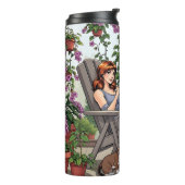 vrouw Drink koffie, haar hond en Planten Thermosbeker (Gedraaid links)