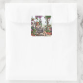  vrouw Drink koffie, haar hond en Planten Vierkante Sticker (Tas)