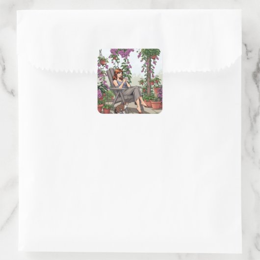  vrouw Drink koffie, haar hond en Planten Vierkante Sticker (Tas)