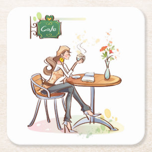 Vrouw Drink koffie in een koffiehuis Kartonnen Onderzetters