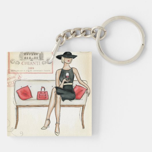 Vrouw Drink rode wijn Sleutelhanger (Achterkant)