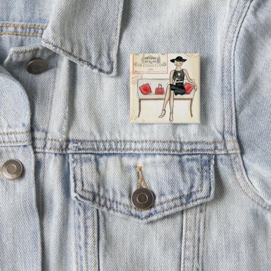 Vrouw Drink rode wijn Vierkante Button 5,1 Cm (In situ)