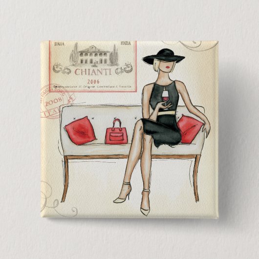 Vrouw Drink rode wijn Vierkante Button 5,1 Cm (Voorkant)