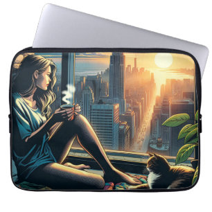 Vrouw drinkt koffie bij zonsopgang in de stad laptop sleeve