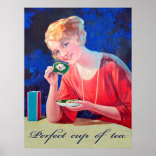 Vrouw drinkt perfecte kop thee, vintage poster