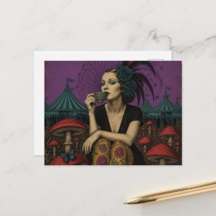 Vrouw drinkt thee bij het circus briefkaart