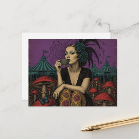 Vrouw drinkt thee bij het circus briefkaart (Voorkant / Achterkant in situ)
