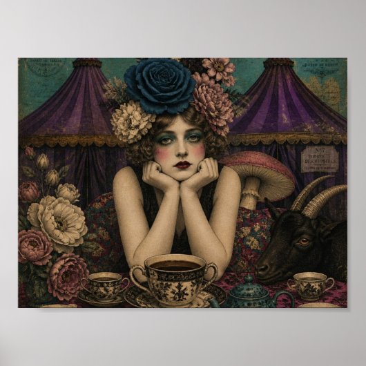 Vrouw drinkt thee bij het circus met zwarte geit poster (Voorkant)