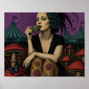 Vrouw drinkt thee bij het circus poster