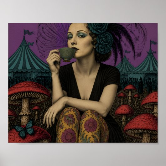 Vrouw drinkt thee bij het circus poster (Voorkant)