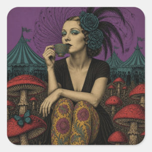 Vrouw drinkt thee bij het circus vierkante sticker