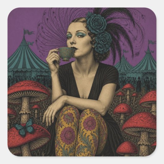 Vrouw drinkt thee bij het circus vierkante sticker (Voorkant)