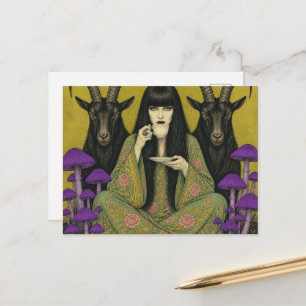 Vrouw Drinkt Thee Met Twee Zwarte Geiten Briefkaart