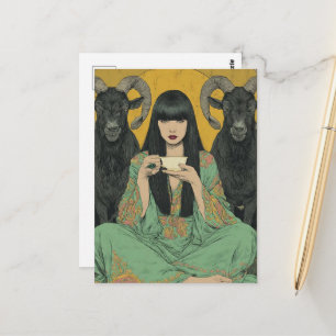 Vrouw drinkt thee met twee zwarte geiten briefkaart