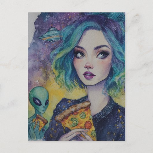 Vrouw eet pizza met een alien briefkaart (Voorkant)
