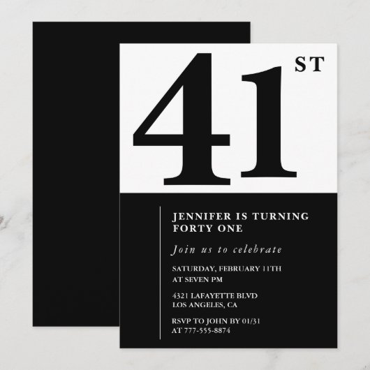 Vrouw Elegant 41e verjaardag uitnodiging Zwart (Voorkant / Achterkant)