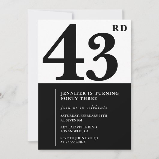 Vrouw Elegant 43e verjaardag uitnodiging Zwart (Voorkant)