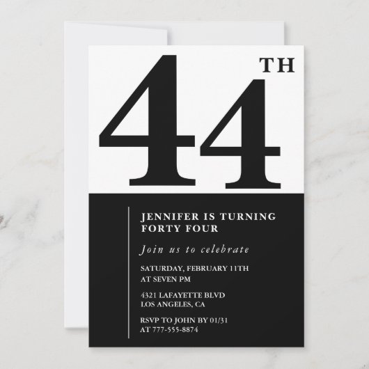 Vrouw Elegant 44e verjaardag uitnodiging Zwart (Voorkant)