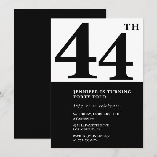 Vrouw Elegant 44e verjaardag uitnodiging Zwart (Voorkant / Achterkant)