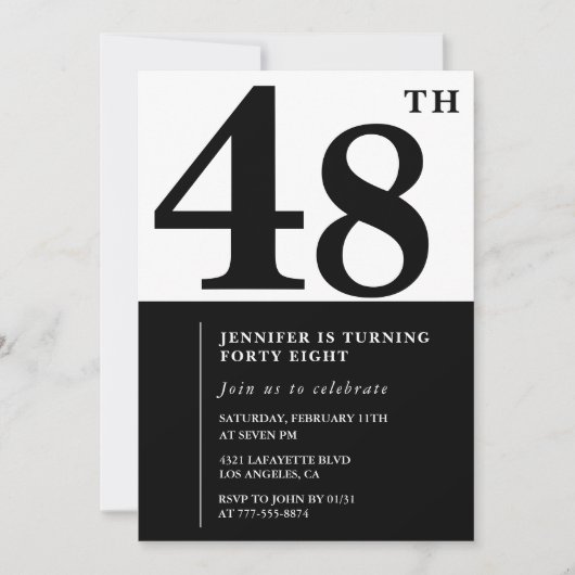 Vrouw Elegant 48e verjaardag uitnodiging Zwart (Voorkant)