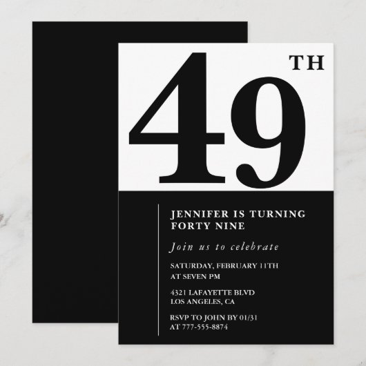 Vrouw Elegant 49ste verjaardag uitnodiging Zwart (Voorkant / Achterkant)