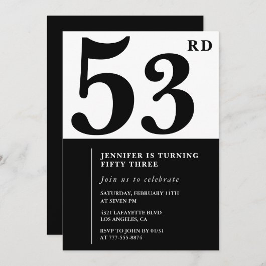 Vrouw Elegant 53e verjaardag uitnodiging Zwart (Voorkant / Achterkant)
