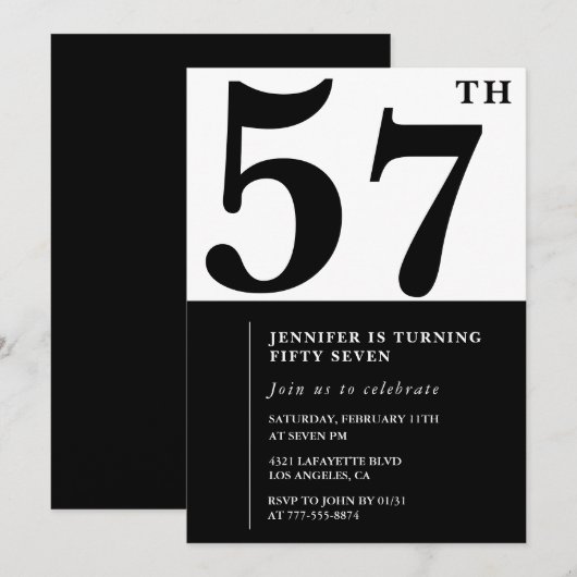 Vrouw Elegant 57e verjaardag uitnodiging Zwart (Voorkant / Achterkant)