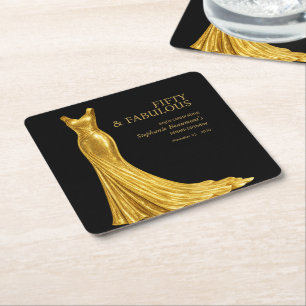 Vrouw Elegant Fantastisch Gouden Jurk 50e Verjaard Kartonnen Onderzetters