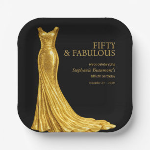 Vrouw Elegant Fantastisch Gouden Jurk 50e Verjaard Papieren Bordje