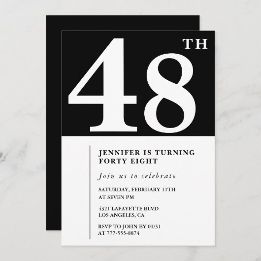 Vrouw Elegante 48e verjaardag uitnodiging Chic Sim (Voorkant / Achterkant)